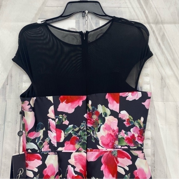 Adrianna Papell Pink Black Illusion Floral Mikado Gown Dress Formal Full Length - Picture 13 of 16